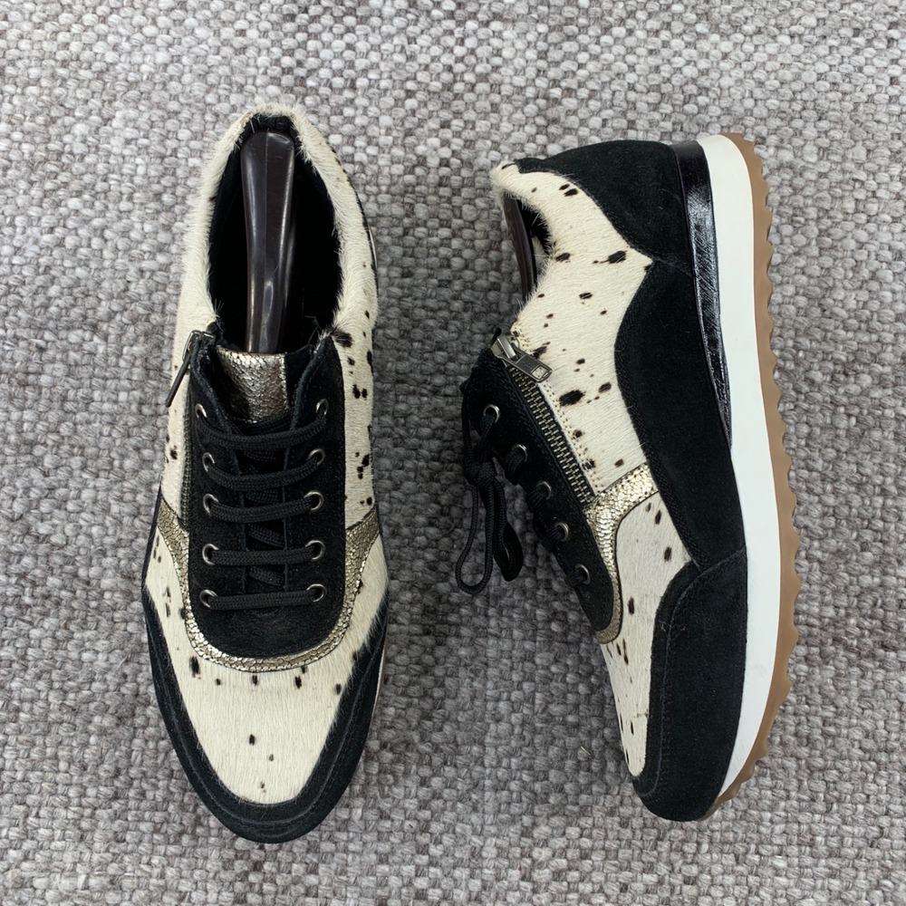 Myra Sneakers Womens 10 Black White Calf Hair Suede Gold Zip Fashion Trainers